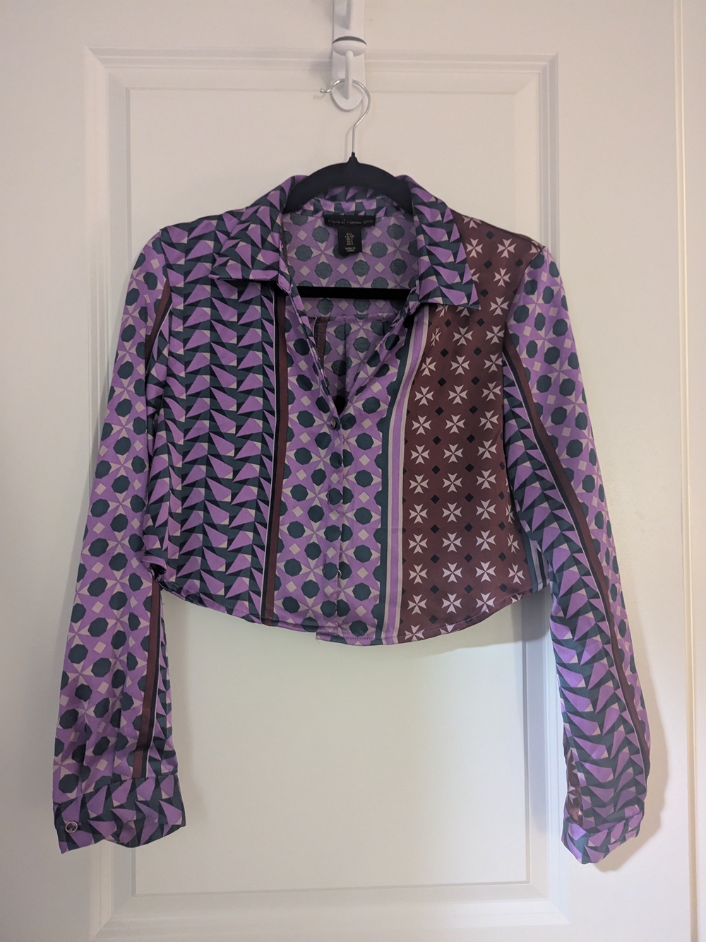 House of Harlow 1960 Purple Patterned Button-Down Crop Shirt